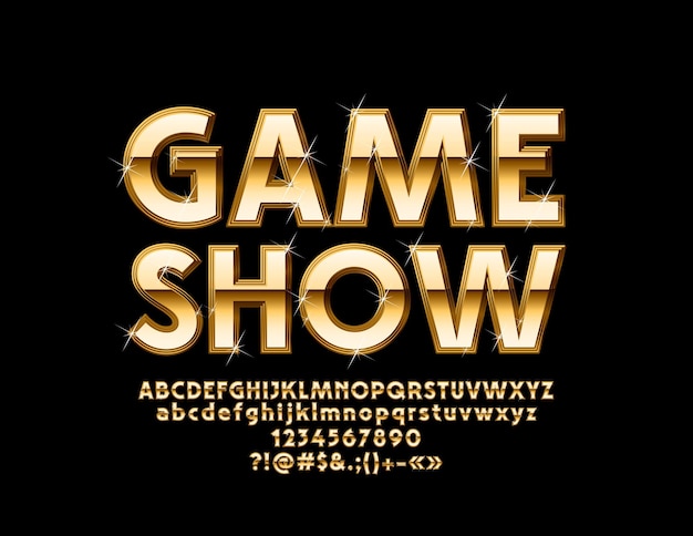 Шикарное игровое шоу с логотипом. золотые буквы алфавита, цифры и символы. роскошный глянцевый шрифт.