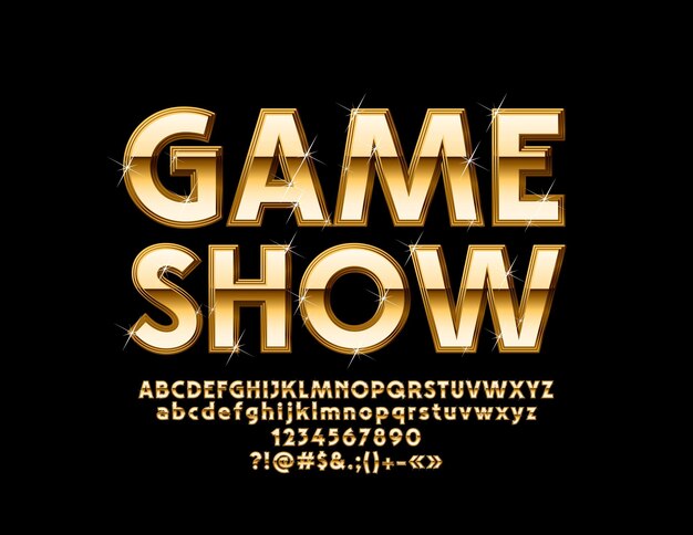 Chic Logo Game Show. Golden Alphabet Letters, Numbers and Symbols.  Luxury Glossy Font.