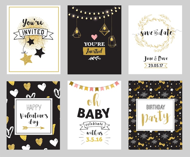 Chic party glitter greeting cards and invitations.