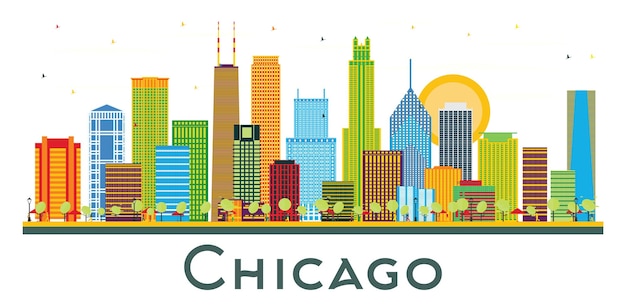 Skyline della città di chicago, illinois, con edifici a colori isolati su bianco, illustrazione vettoriale, viaggi d'affari e turismo, concetto con architettura storica, chicago, stati uniti d'america, paesaggio urbano con punti di riferimento