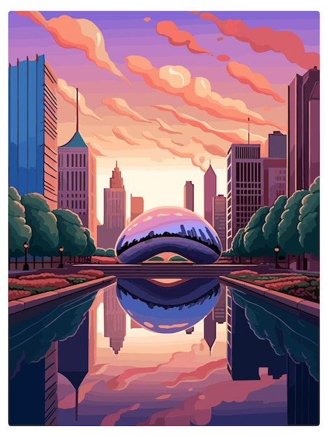 Vector chicago illinois millennium park vintage travel poster souvenir postcard portrait painting wpa