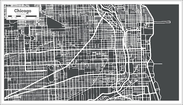 レトロなスタイルのシカゴイリノイusaマップ。ベクトルイラスト。白地図。