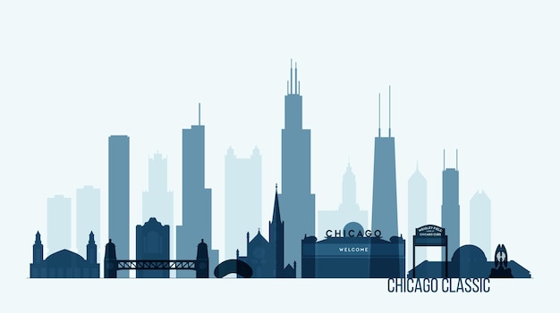 Горизонт Чикаго с его наиболее известными зданиями, подробная векторная иллюстрация