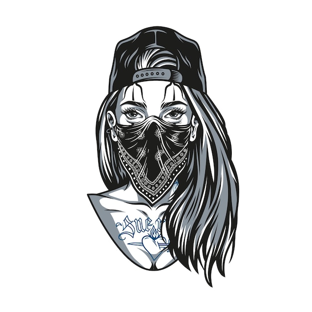 Chicano girl with tattoos and long hair wearing baseball cap and bandana in vintage monochrome style isolated vector illustration