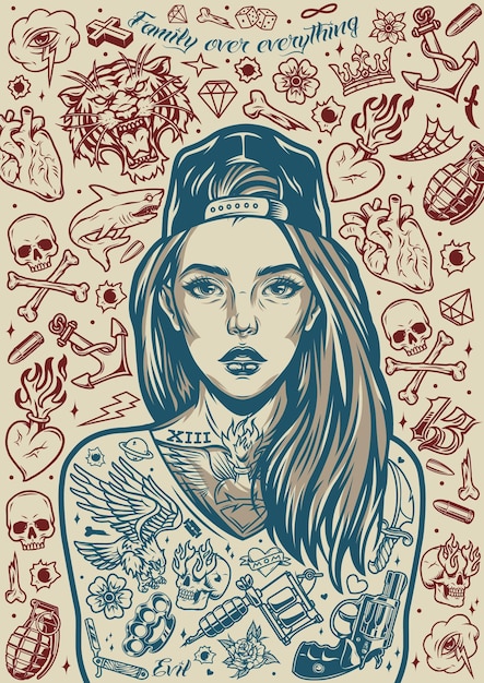 Il tatuaggio di chicano disegna un poster vintage con una bella ragazza in berretto