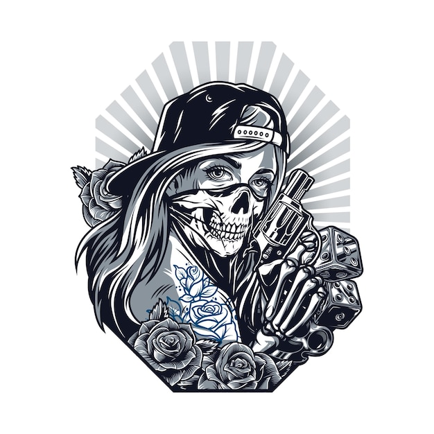 Винтажная концепция стиля татуировки чикано с девушкой в бейсболке и страшной маской скелета, держащей пистолет, розы, кастеты, кости в монохромном стиле, изолированные векторные иллюстрации