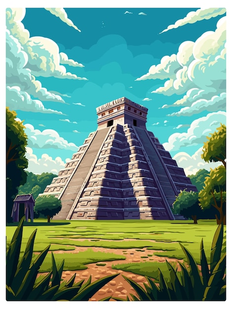 Vector chichen itza decoration vintage travel poster souvenir postcard portrait painting wpa illustration