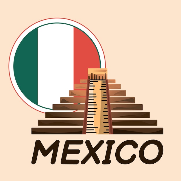Vettore punto di riferimento nazionale della piramide di chichen itza del messico sullo sfondo della bandiera rivoluzione messicana