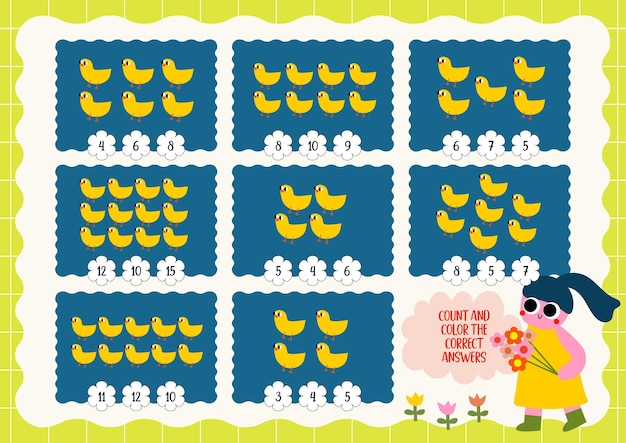 Chick farm counting cute flat design vector printable for kids