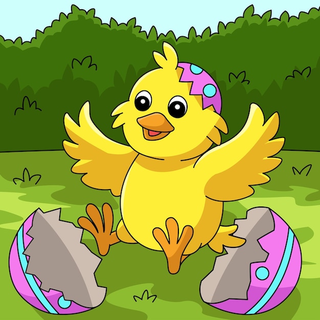 Chick pop out in easter egg colored illustration