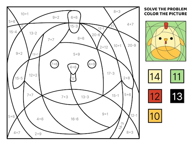 Chick Solve the problem color the picture Addition Subtraction Coloring book Vector