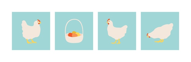 Курица и яйца в плетеной корзине. плоские белые цыплята. набор векторных иллюстраций для дизайна.