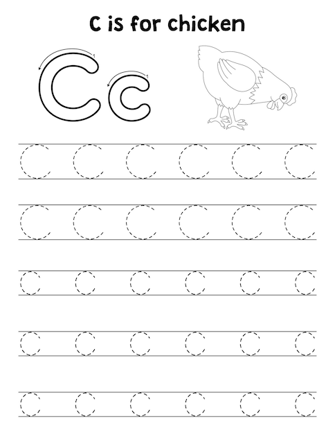 Vector chicken animal tracing letter abc coloring page c