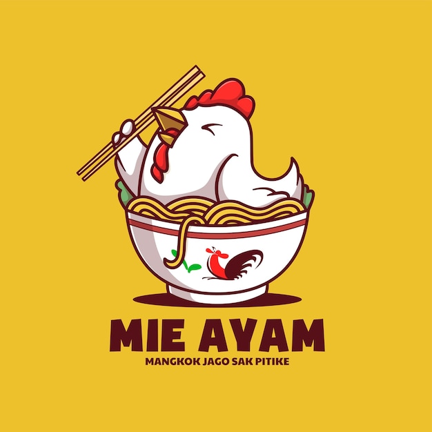 Chicken In a Bowl Holding Chopsticks Logo Cartoon Illustration
