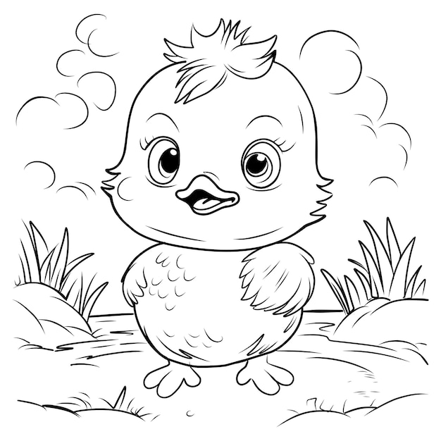 CHICKEN COLORING PAGE Chick cute funny character linear illustration for children coloring