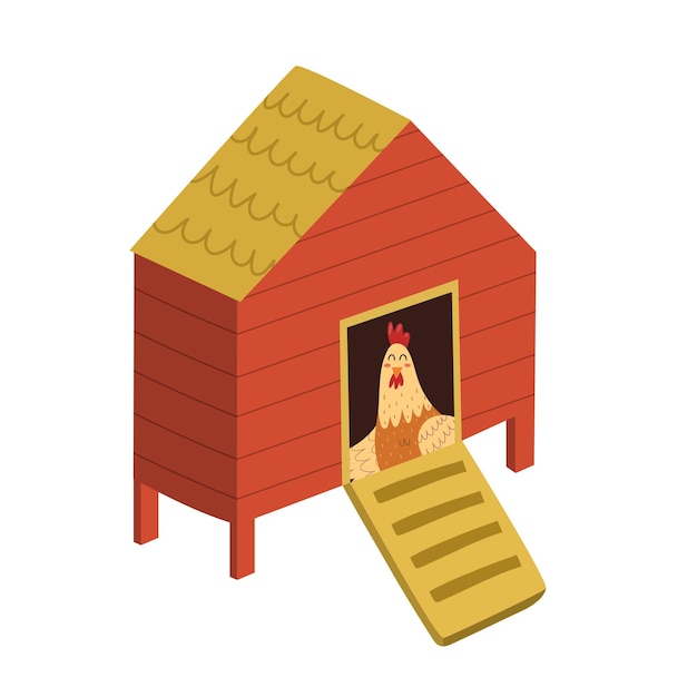 Chicken coop with a cute hen inside. Farm bird house isolated element in cartoon style. Vector illus