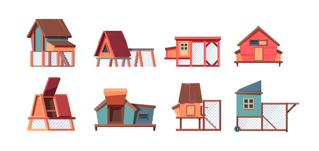 Курятник деревянные дома в деревенской птицефабрике жилые места для кур и бройлеров яркие векторные куриные постройки яркие векторные иллюстрации мультфильмов