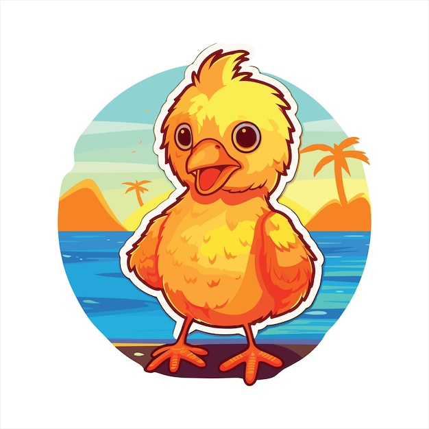 Chicken Cute Funny Cartoon Kawaii Watercolor Beach Summer Sunset Animal Pet Sticker Illustration