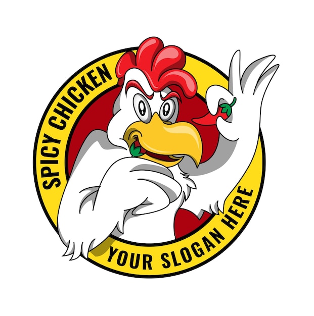 Vettore pollo che mangia la mascotte del logo del fumetto dei peperoncini rossi