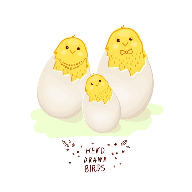 鶏の家族ひよこ孵化した鶏ひびの入った鶏の卵新生鳥の漫画落書き手描き