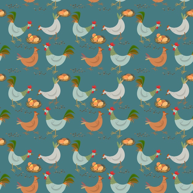 Vector chicken family seamless pattern.