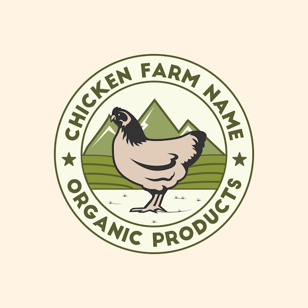 Vector chicken farm logo template with field background