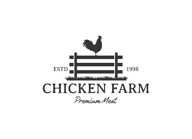 Chicken farm logo vector illustration design, rooster on fence vintage logo design