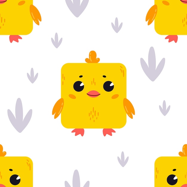 Vector chicken in the grass pattern with cute cartoon animals kawaii childrens print with pets