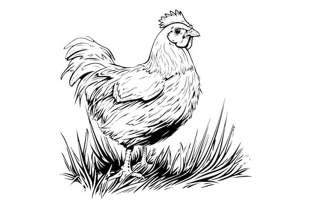 Chicken or hen on grass drawn in vintage engraving style vector illustration