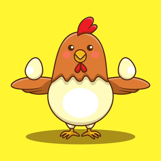 Pollo che tiene le uova simpatico cartone animato illustrazione vettoriale animale kawaii