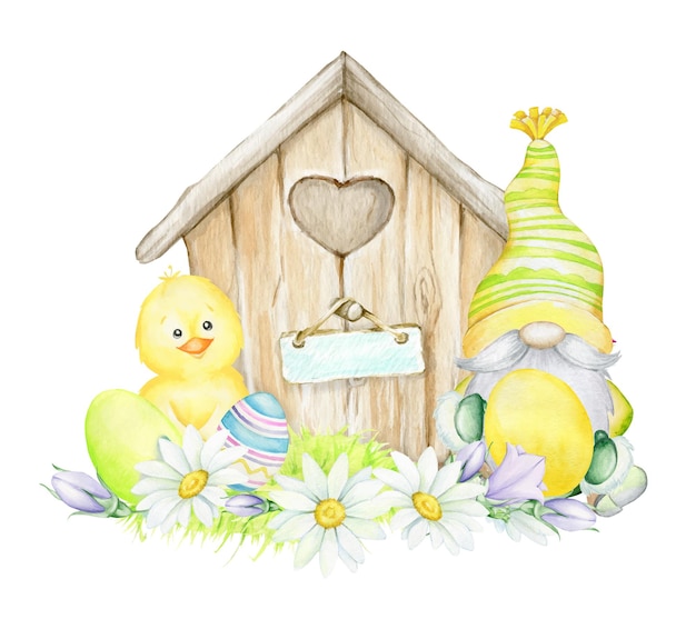 Chicken, house, flowers, easter eggs. easter illustration