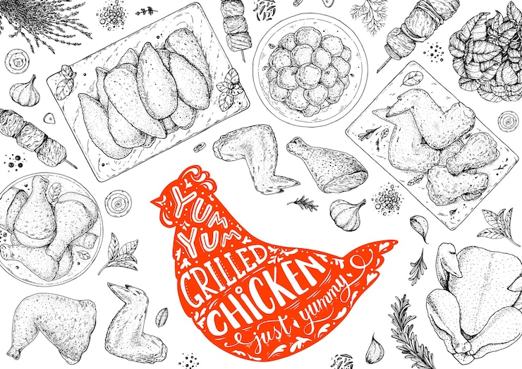 Vector chicken meat grilled and fried chicken hand drawn sketch grilled chicken meat vector illustration