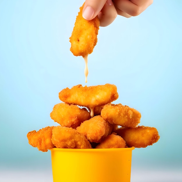 Chicken nuggets in hand flowing sauce onto pile of remaining chicken pieces