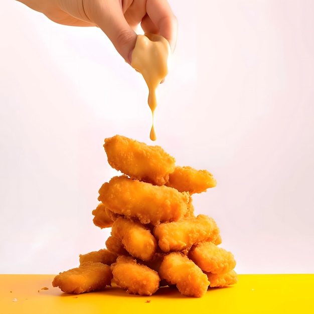Nuggets di pollo in mano con la salsa che scorre su una pila di pezzi di pollo rimasti