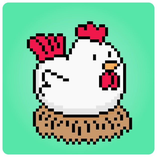 Куриный пиксель-арт высиживает яйца. Симпатичные животные для игровых активов в векторных иллюстрациях