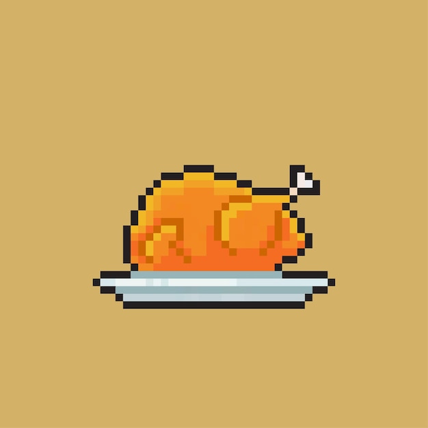 Chicken roast in the plate with pixel art style