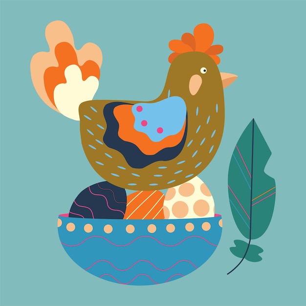 A chicken sits on easter eggs with ornaments and feathers