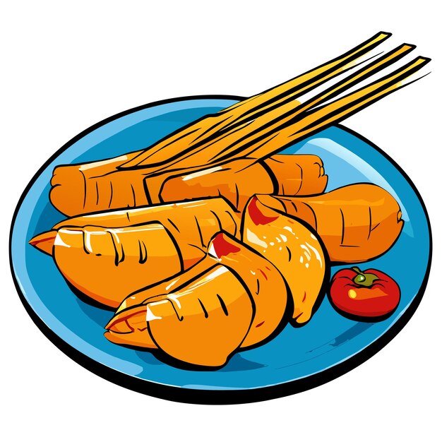 Vettore spiedini di pollo con fette di peperoni dolci e aneto su un'illustrazione vettoriale di piatto