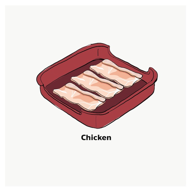 Chicken sliced on red platemeat for Japanese grill korean grill thai pan bbq grill Drawing illustration vector