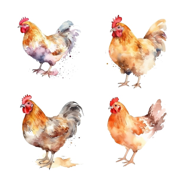 Vector chicken watercolor paint collection