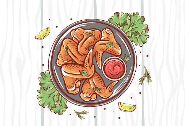 Вектор Виды сверху иллюстрации блюда из куриного крылышка изолированы на фоне деревянного узора. курица