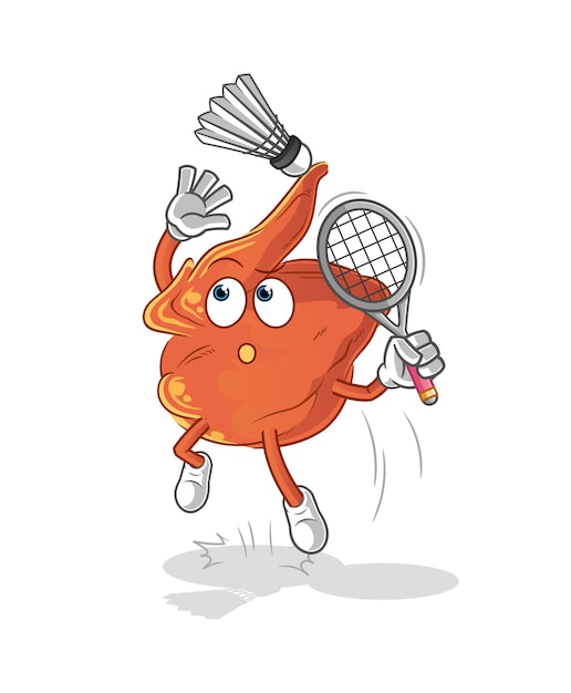 Smash dell'ala di pollo al cartone animato di badminton. vettore della mascotte del fumetto