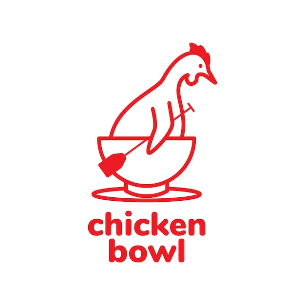 Chicken with bowl line cartoon logo design vector graphic symbol icon illustration creative idea