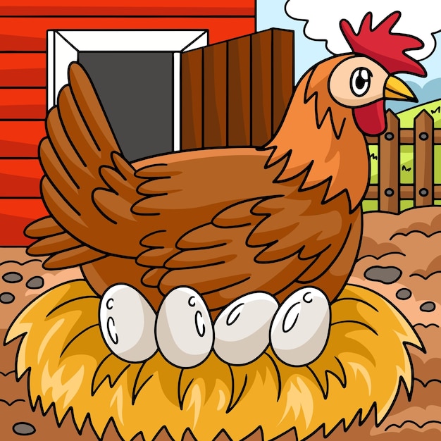 Chicken with egg colored cartoon illustration