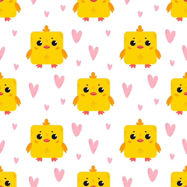 Vector chicken with hearts pattern with cute cartoon animals kawaii childrens print with pets