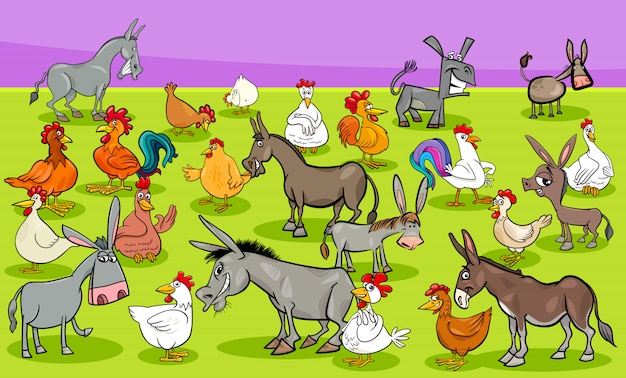 ベクトル 鶏とロバの家畜キャラクターグループ