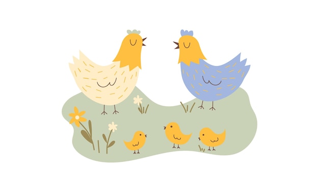 Chickens with chicks on the lawn Cute chickens with their baby Flat cartoon vector illustration