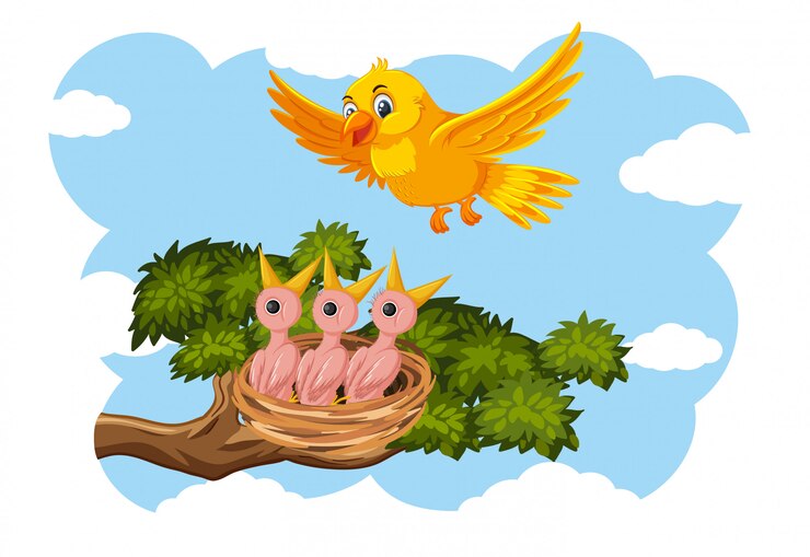 Vector chicks and its mother bird in nature
