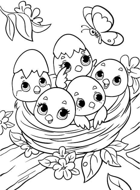 Vector chicks in the nest coloring book for kids black and white outline children task zoo page animals