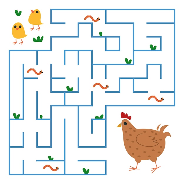 Vettore i pulcini stanno cercando un modo per la chioccia attraverso il labirinto labirinto quadrato con animali